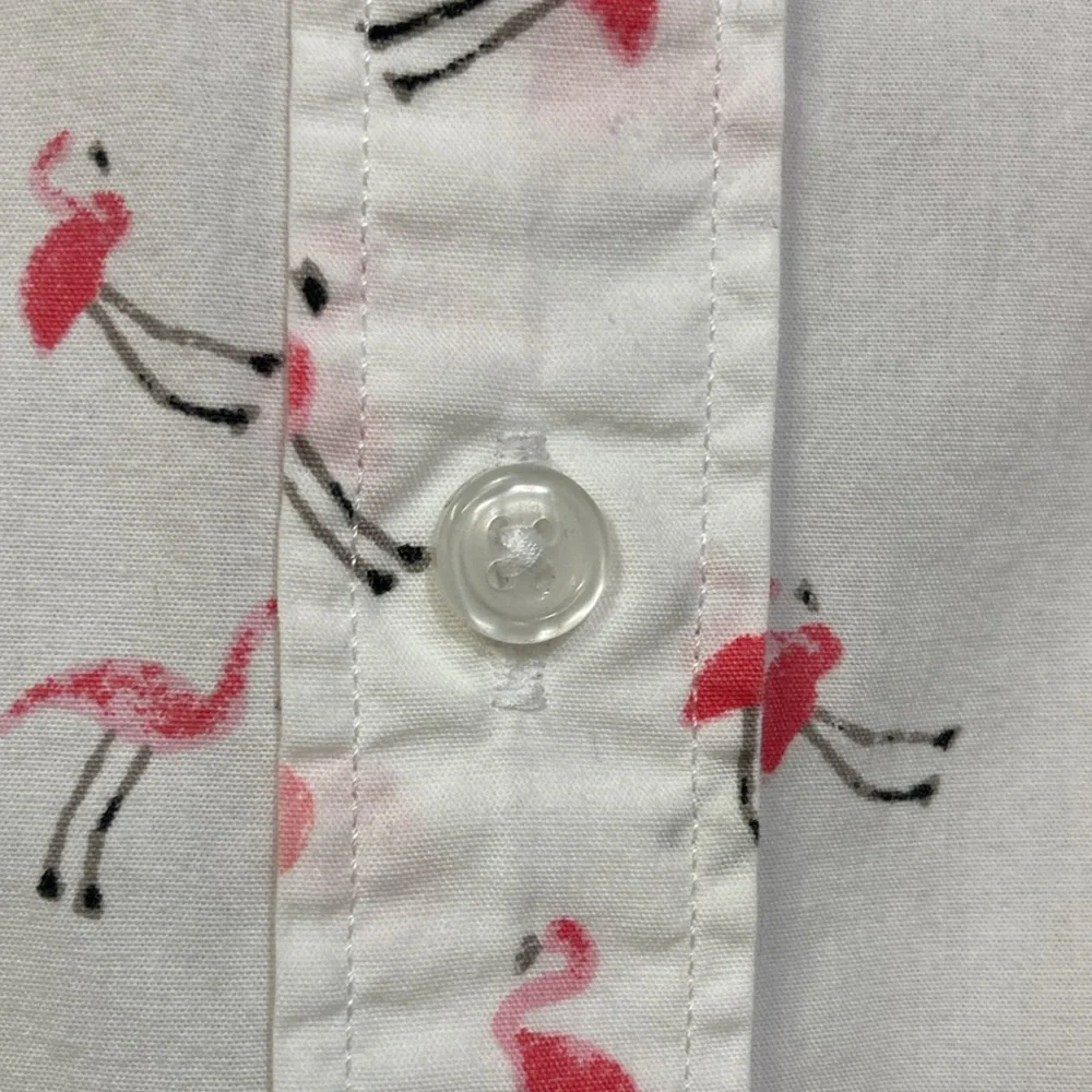 J. Crew White Short-Sleeve Button-Down Shirt with Pink Flamingo Print XL